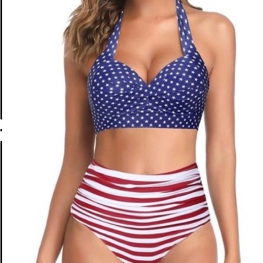 Women's Blue and Red Star-Striped Halter Bikini